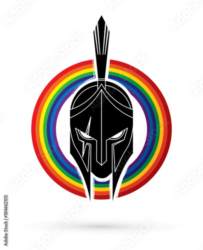 Roman or Greek Helmet , Spartan Helmet, Angry Warrior face designed on line rainbows background graphic vector