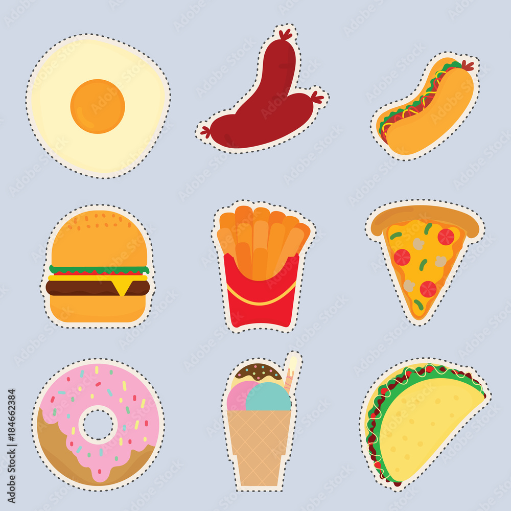 set of cute sticker with fast food vector