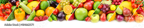 Collection fresh fruits and vegetables isolated on white background. Panoramic collage. Wide photo .