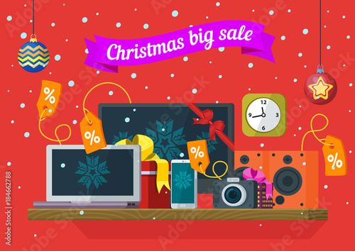 Christmas and New Year s sale. Discounts of electronic equipment. Sale of computers  laptops  telephones  cameras  and audio speakers. Banner in a flat style for advertising. Vector illustration
