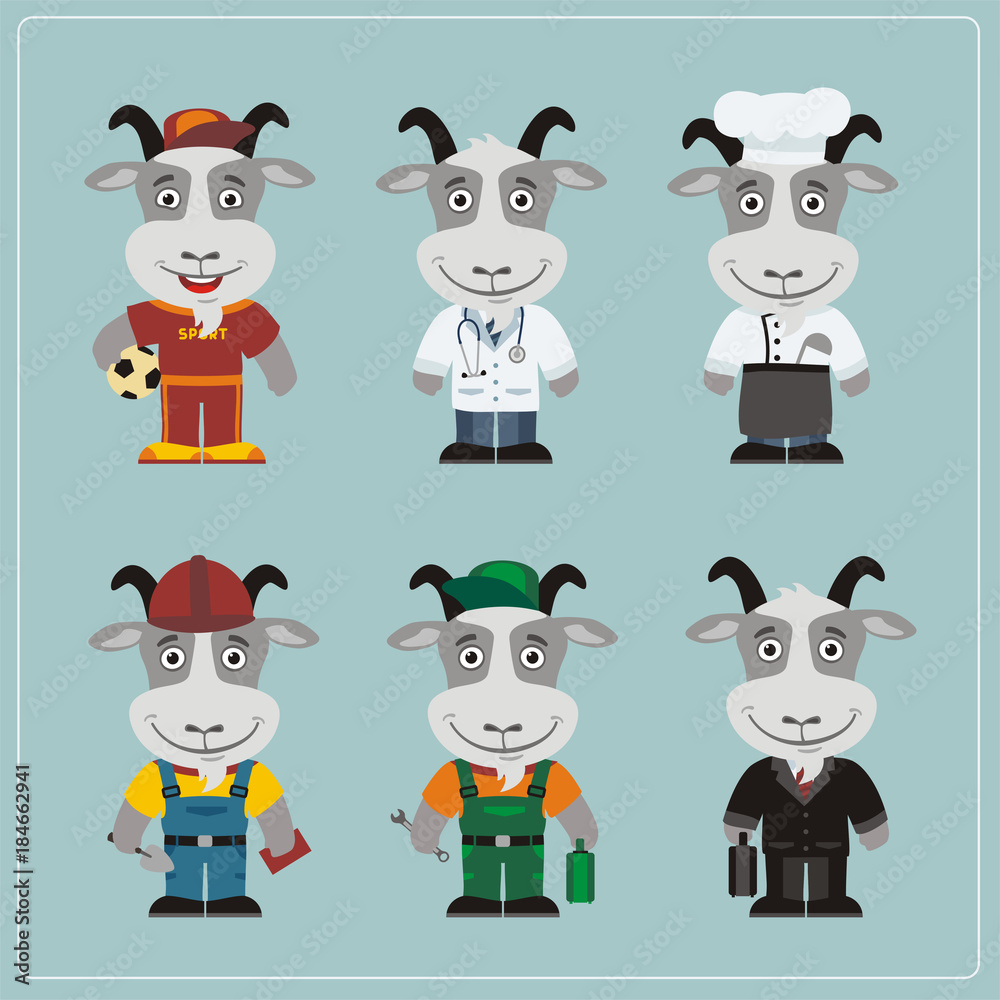 Set of goat in different costumes: builder, sportsman, worker, a doctor, manager, cook. Collection of goat in clothes in cartoon style.