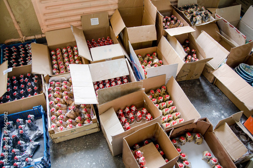 boxes with Christmas-tree toys in the factory of Christmas-tree toys