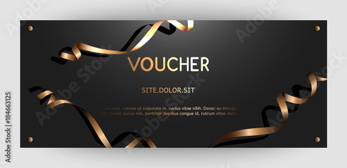 Horizontal gift golden festive design background with glitter and ribbons for invitation, voucher. For a banner, postcards. flyer, label, certificate, company card. Vector. For a merry New Year.