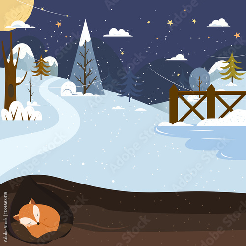 Let it snow. Fox sleeping in a hole. Holiday background.