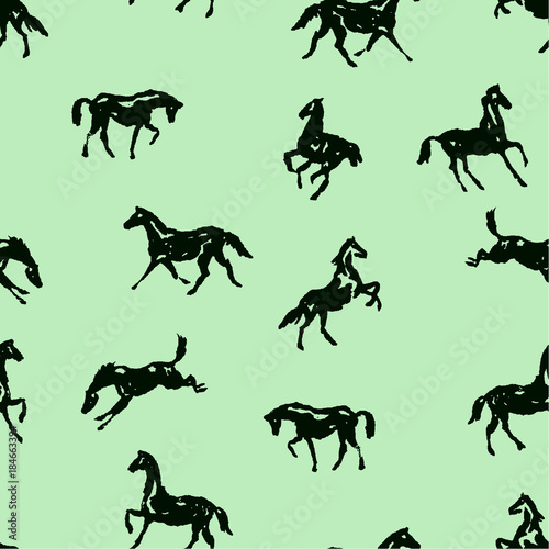 Pattern with silhouette horses in various poses and motion. Seamless vector background with hand drawing horses. Black on green color England equestrian sport traditional style for fashion fabric.