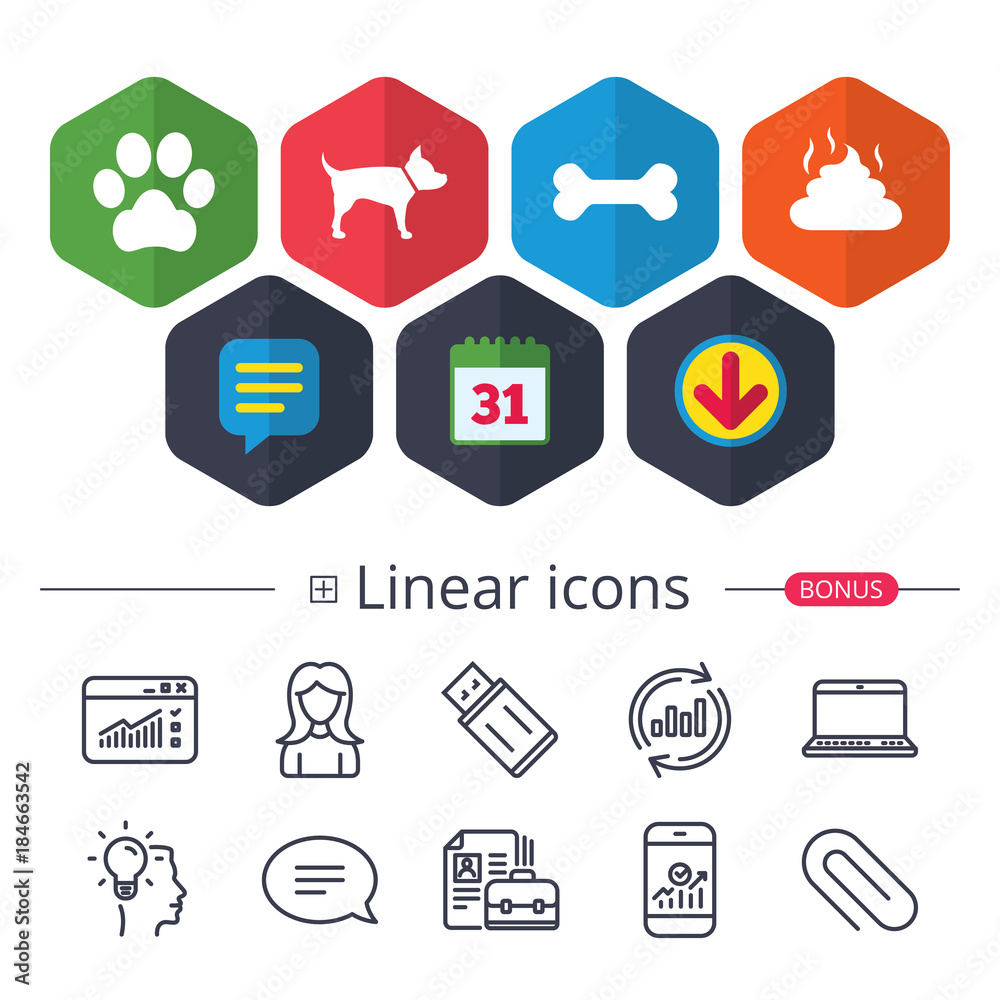 Pets icons. Dog paw and feces signs. Pets icons. Dog paw and feces signs.