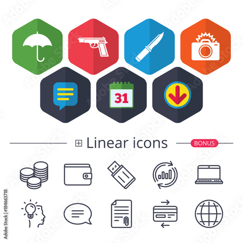 Gun weapon. Knife, umbrella and photo camera.