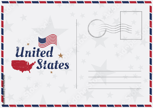 USA Vector vintage Postcard with american flag and map. Template for your design cards