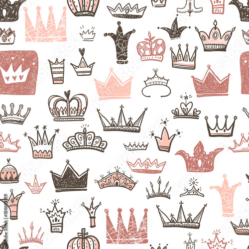 Hand drawn Various crowns set, vector illustration doodle style.