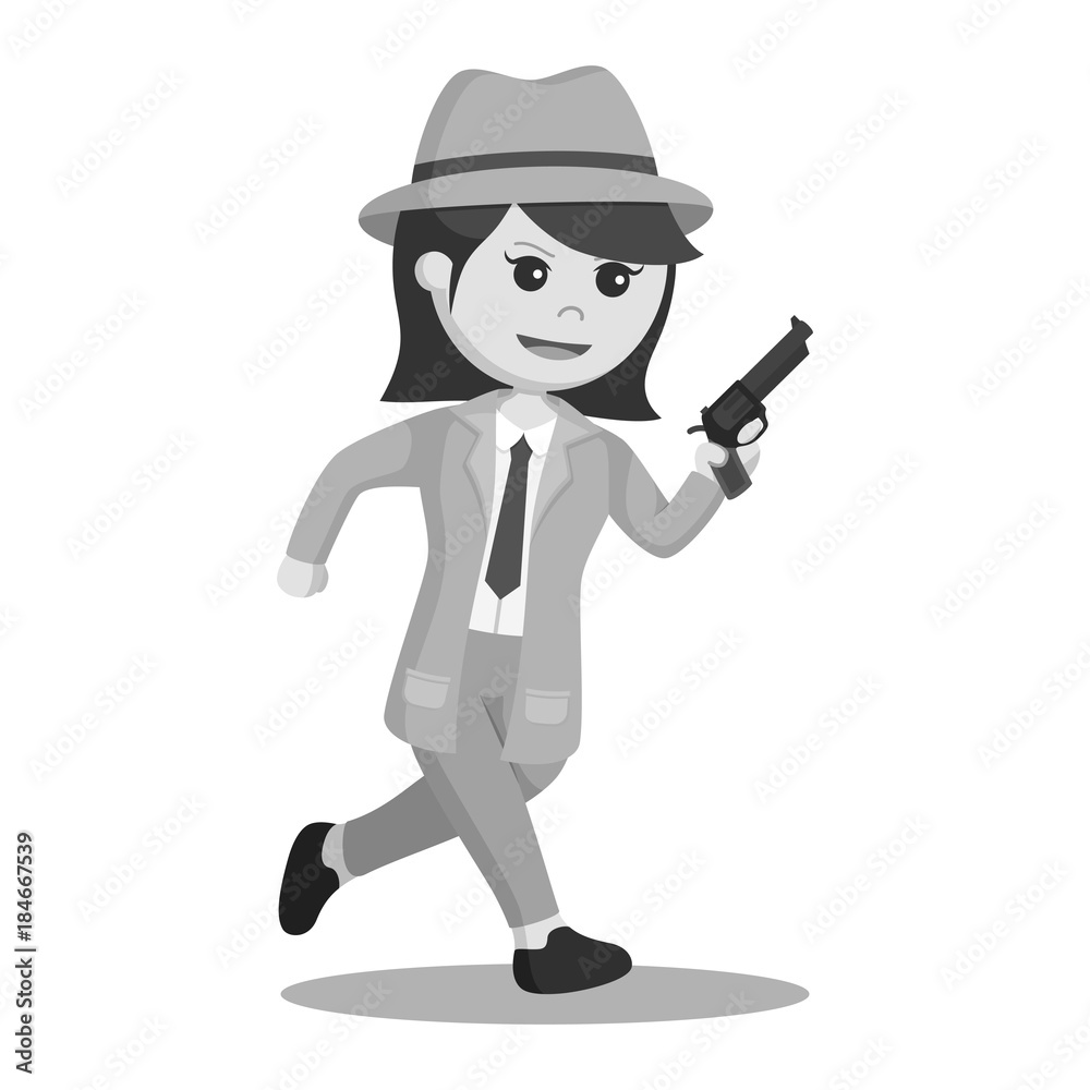 Woman spy agent with gun black and white style
