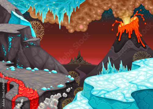 Prehistoric landscape with fire and ice.
