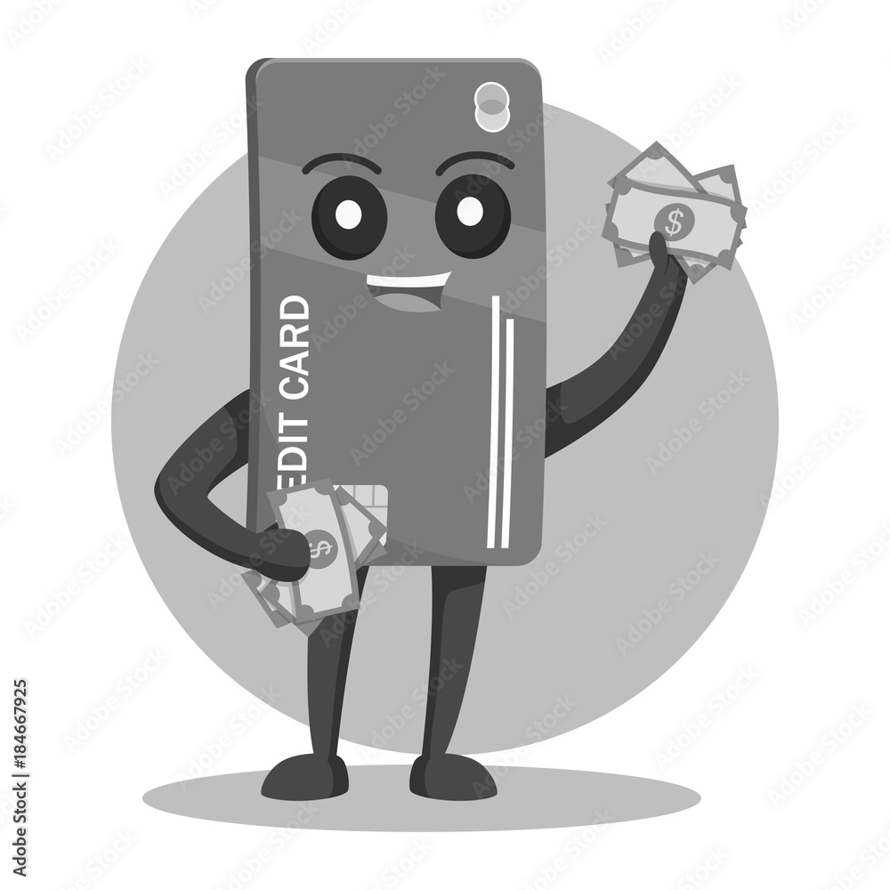 Credit card character holding moneys black and white style