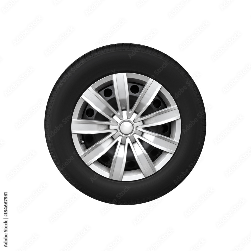 New car wheel on light alloy disc isolated