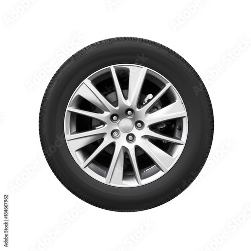 Modern car wheel on light alloy disc, front view