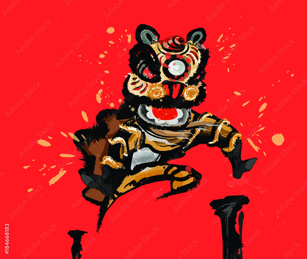 A jumping Chinese lion in various colors and presented in splashing ink drawing style. Red background. Vector. A jumping Chinese lion in various colors and presented in splashing ink drawing style. Red background. Vector.