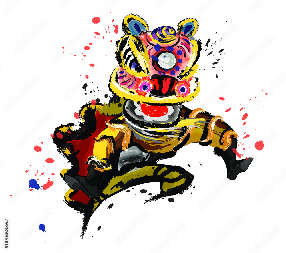 An isolated jumping Chinese lion in various colors and presented in splashing ink drawing style. Vector. An isolated jumping Chinese lion in various colors and presented in splashing ink drawing style. Vector.