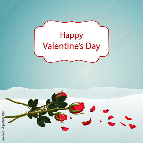 A bouquet of beautiful red roses lay on white snow.