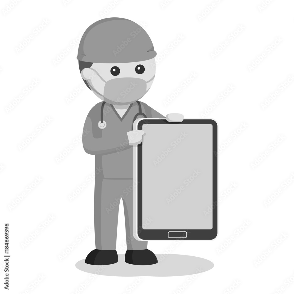 Male surgeon with tablet black and white style