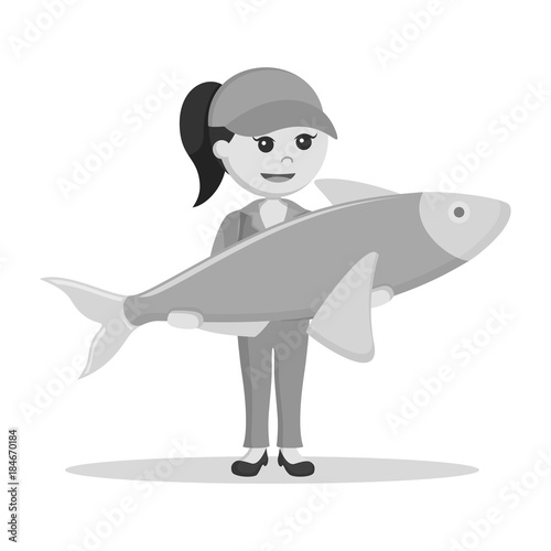 Fisher woman holding giant fish black and white style