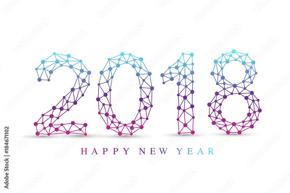 Text design Christmas and Happy new year 2018. Graphic background communication. Connected lines with dots. Design element for presentations, postcards, flyers, leaflets and posters, illustration. Text design Christmas and Happy new year 2018. Graphic background communication. Connected lines with dots. Design element for presentations, postcards, flyers, leaflets and posters, illustration.