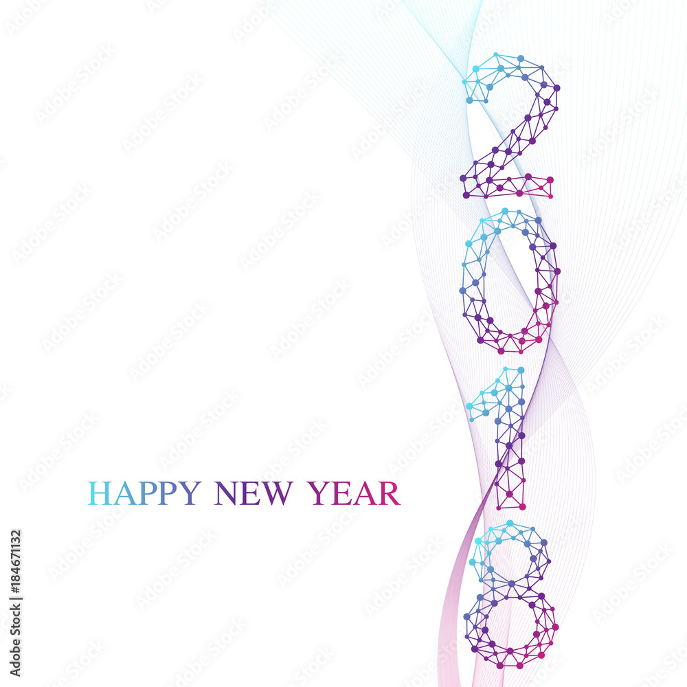 Happy New Year 2018 colorful abstract design with waves, vector elements for calendar, greeting card, presentations, postcards, flyers Happy New Year 2018 colorful abstract design with waves, vector elements for calendar, greeting card, presentations, postcards, flyers