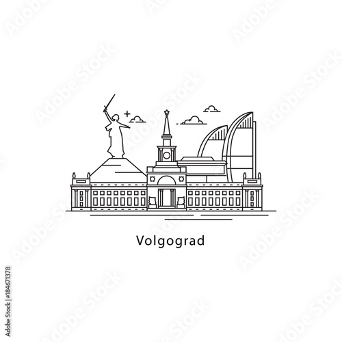 Volgograd logo isolated on white background. Volgograd s landmarks line vector illustration. Traveling to Russia cities concept.