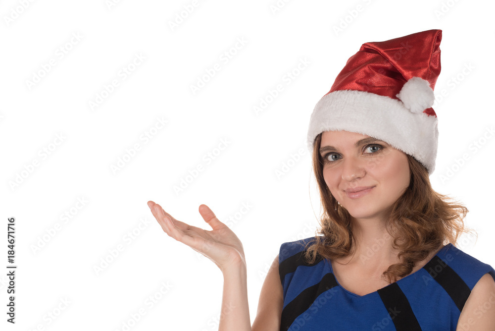 Girl in a red Christmas hat with different funny emotion on his face on a background Girl in a red Christmas hat with different funny emotion on his face on a background