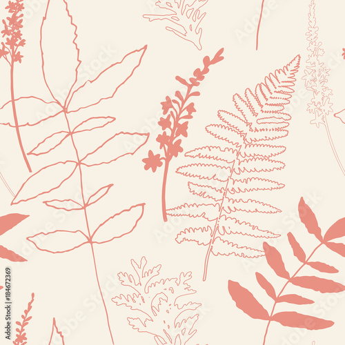 Floral vector seamless pattern with wild flowers, fern leaves and evergreen p...