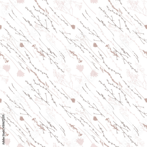 Meadow grasses, herbs and flowers outlines vector seamless pattern.