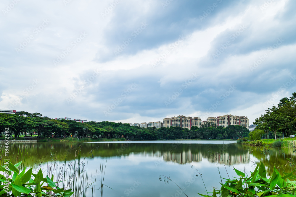 Beautiful lake view of Punggol Park in Singapore with blue sky and nice cloud
