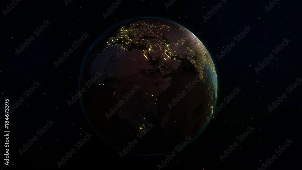 3D rendering Earth from space against the background of the starry sky. Shadow and illuminated side of the planet with cities