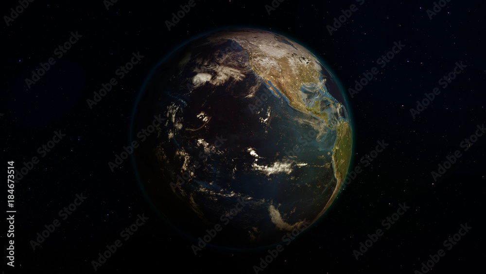 3D rendering Earth from space against the background of the starry sky. Shadow and illuminated side of the planet with cities