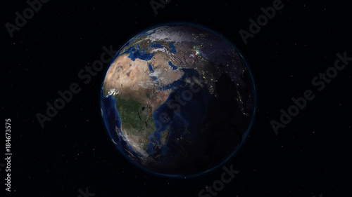 3D rendering Earth from space against the background of the starry sky. Shadow and illuminated side of the planet with cities