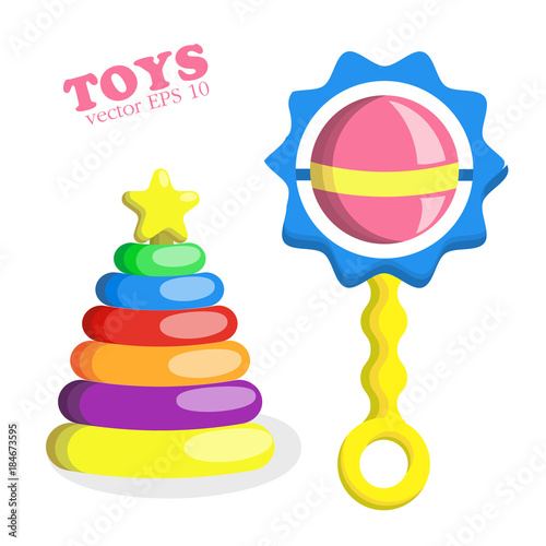 vector flat baby rattle and pyramid with star toys