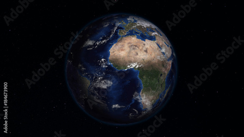 Fototapeta Naklejka Na Ścianę i Meble -  3D rendering Earth from space against the background of the starry sky. Shadow and illuminated side of the planet with cities