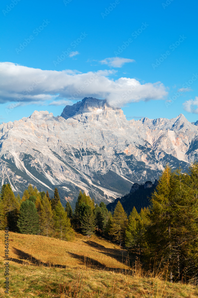 Beautiful autumn colors in Dolomites mountain, Tofana peak, Cinque Torri mountain
