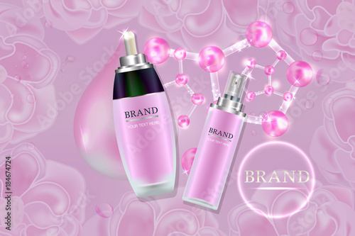 Cosmetic containers with advertising background ready to use, sweet pink skin care ad. Illustration vector.