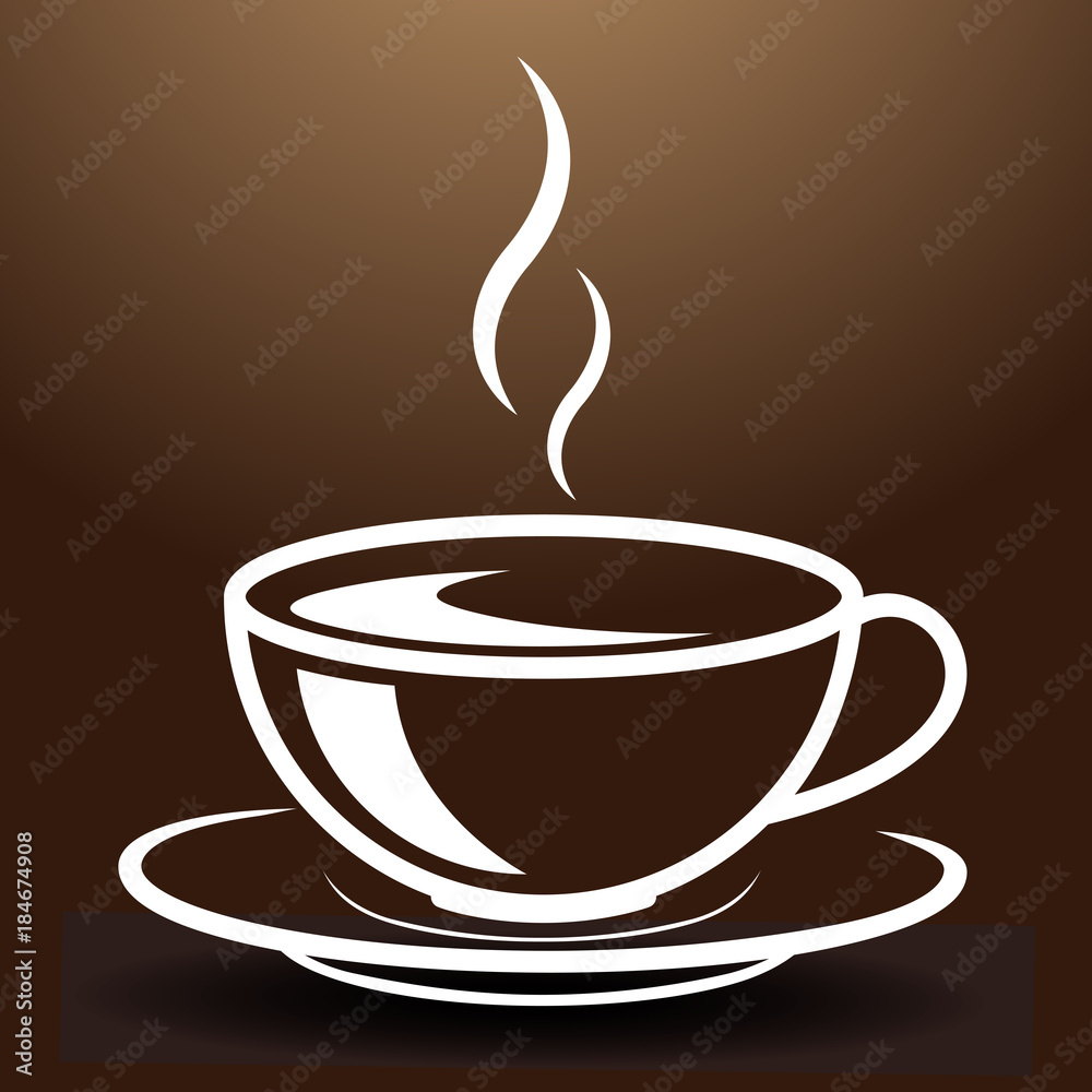 Breite Tasse mit heissem, dampfenden Getränk. Gemalt mit weißen Linien auf braunem Hintergrund. Breite Tasse mit heissem, dampfenden Getränk. Gemalt mit weißen Linien auf braunem Hintergrund.