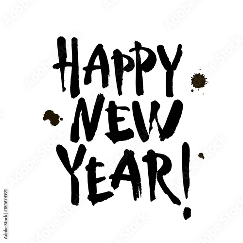 Happy new year brush hand lettering, isolated on white background. Vector illustration.
