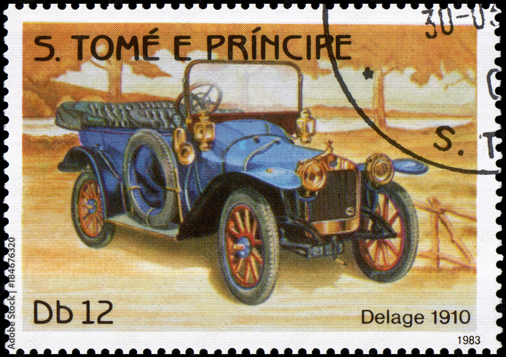 Postage stamp, printed in S.Tome e Principe, shows image of the retro car Delage 1910 year of release