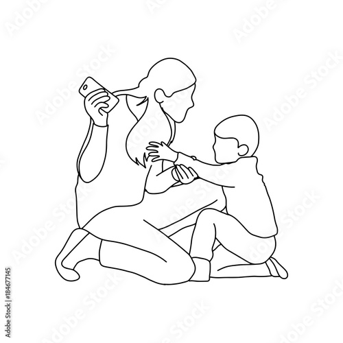boy trying to take mobile phone from his mother vector illustration outline sketch hand drawn with black lines isolated on white background. Family problem concept.