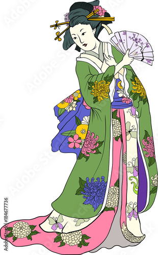 Hand drawn geisha women hold fan.Japanese women in kimono.Traditional Japanese tattoo style.colorful art and doodle vector.
