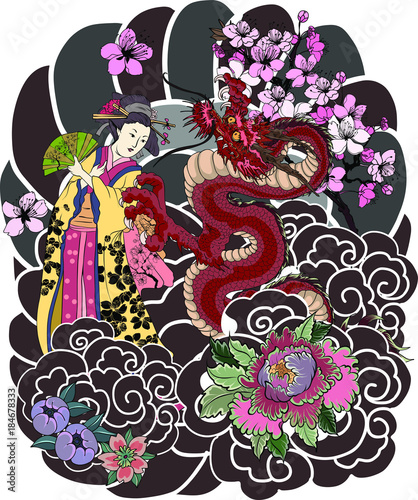 Traditional Japanese tattoo style.Japanese women in kimono with her cat and Old dragon.Hand drawn geisha girl and kitten on back tattoo.Old dragon with peony flower and chrysanthemum on background.