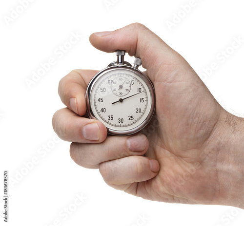 Male's hand holding stopwatch isolated on the white background