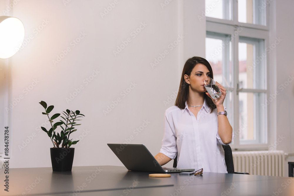 Beautiful smiling brown-hair business woman sitting at the desk, drinking pure water, working on laptop. Drinking from glass. Beautiful smiling brown-hair business woman sitting at the desk, drinking pure water, working on laptop. Drinking from glass.