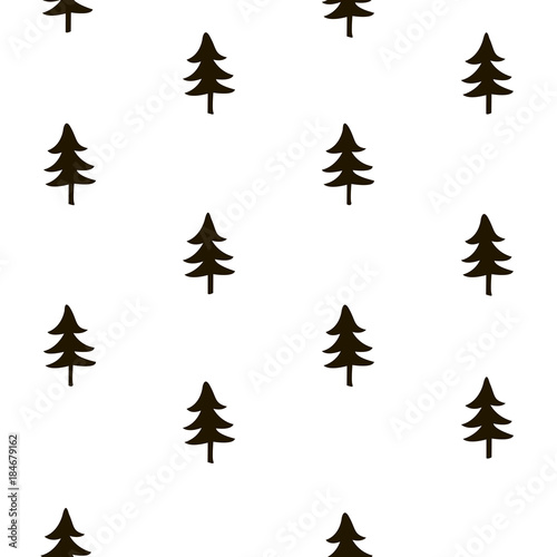 Tree seamless pattern. Christmas wrapping paper background. Holiday hand drawn geometric repeat ornate. Vector silhouette elements isolated on white. Scandinavian design. Print backdrop card, textile.