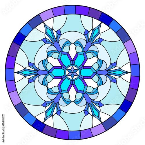 Illustration in stained glass style with snowflake in blue colors in a frame ,round image