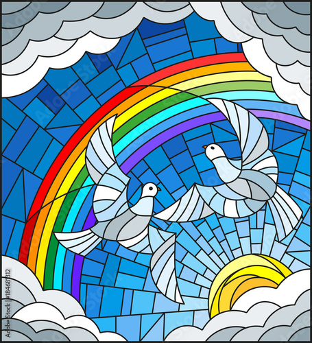 Illustration in stained glass style with a pair of pigeons on the background of sky, sun , clouds and rainbow