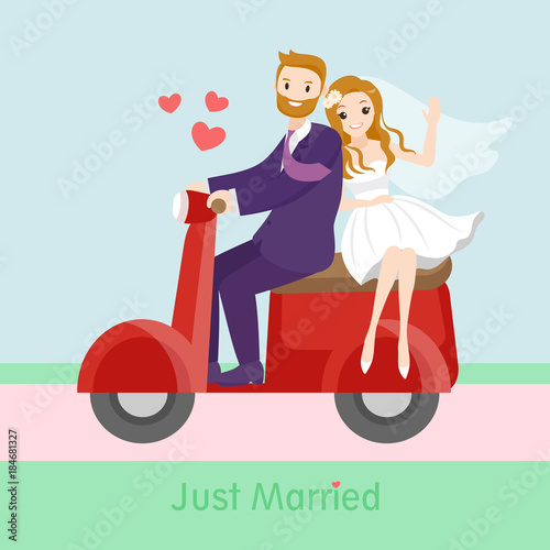 newlyweds ride red motorcycle