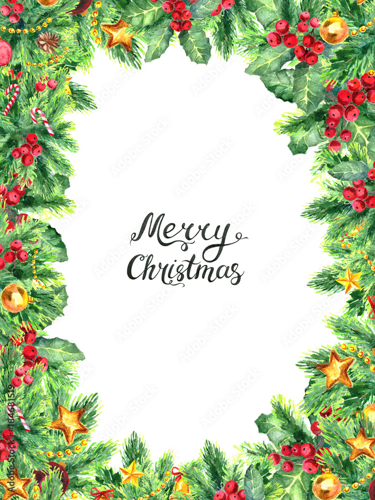 Merry Christmas Frame Template with European Holly and decoration. Gold bells, balls, Mistletoe. Watercolor illustration with Xmas lettering